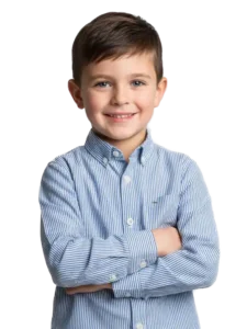 Little boy with striped shirt smiling at camera